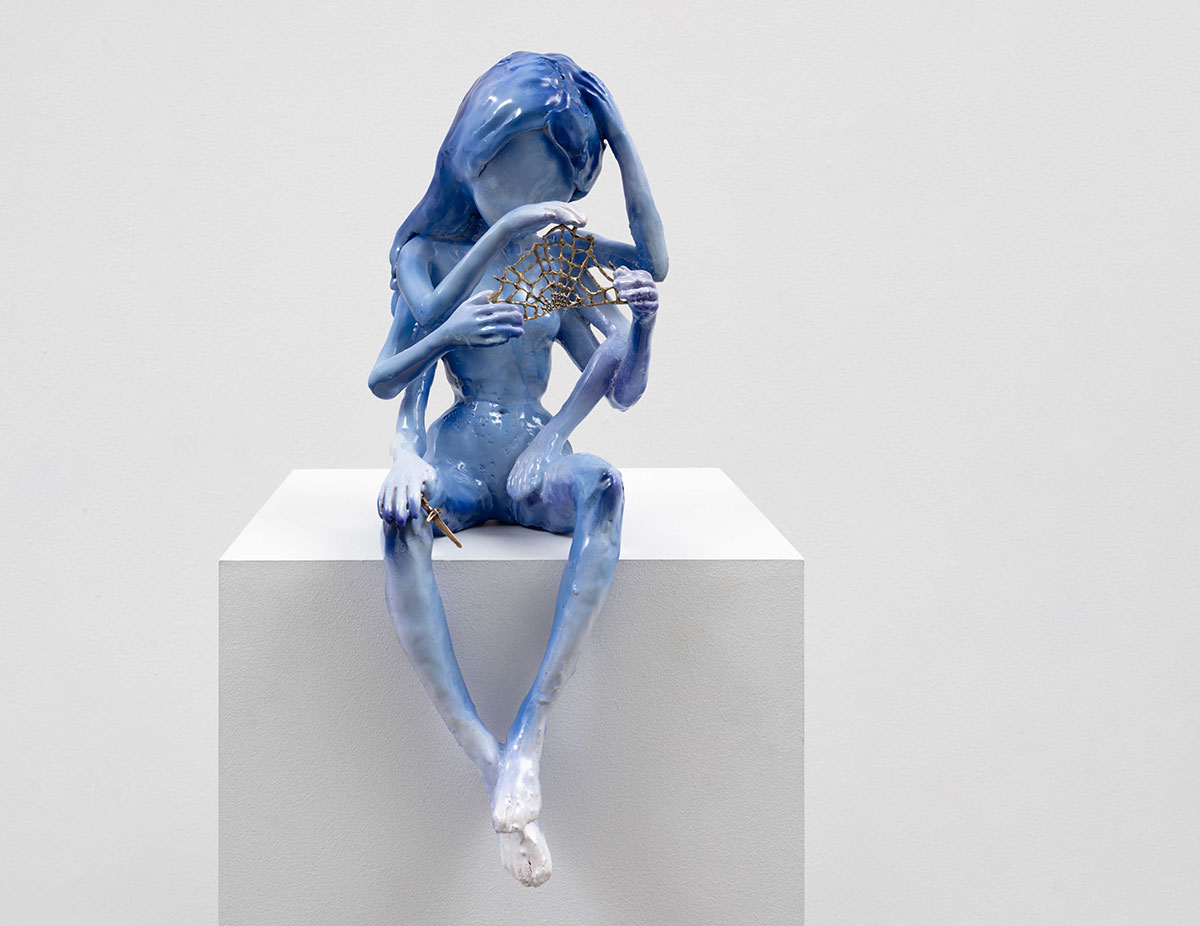 Apollinaria Broche, Not entirely here, 2023, Glazed ceramic, bronze, 23 1/4 x 9 x 9 1/2 inches 59.1 x 22.9 x 24.1 cm, © Apollinaria Broche, Courtesy the artist and Marianne Boesky Gallery