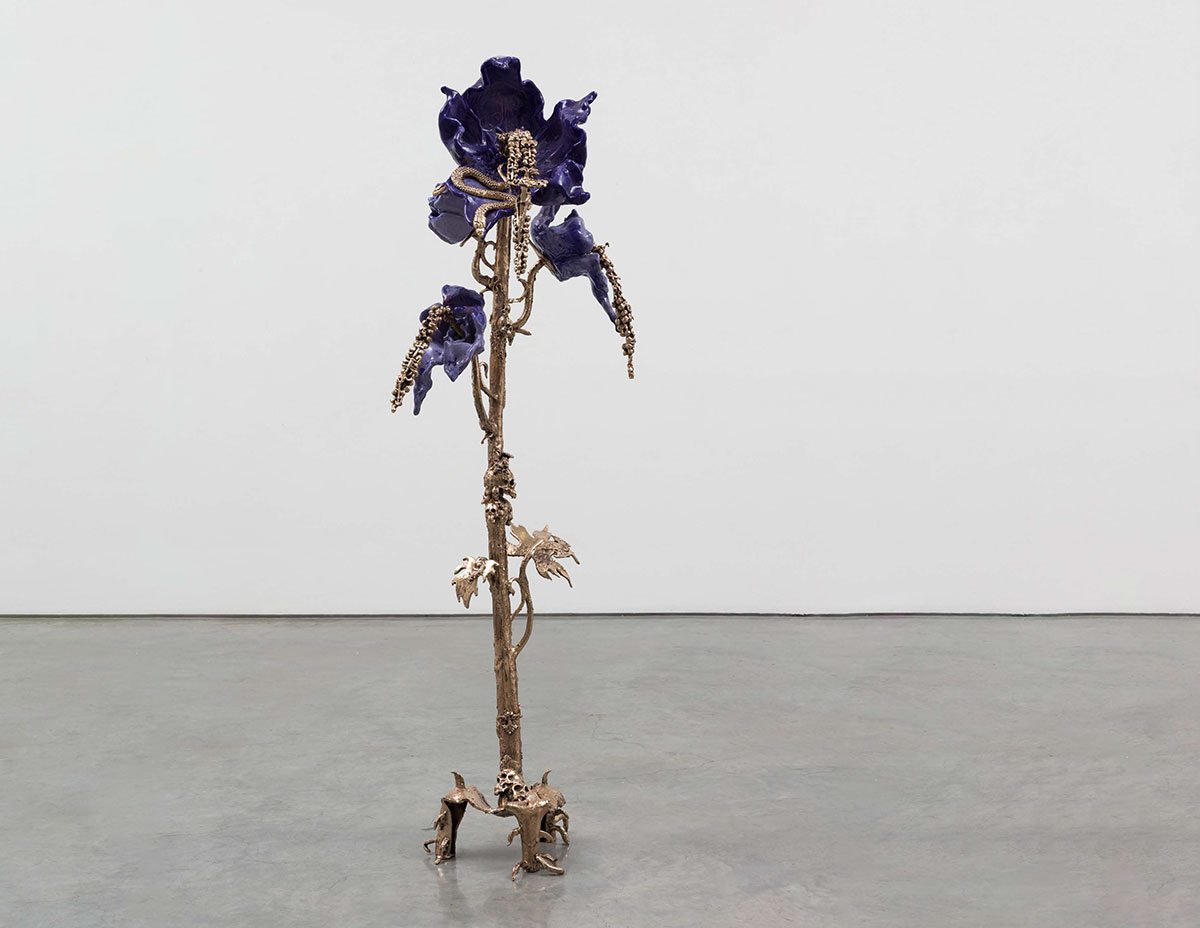 Apollinaria Broche, Until you shared your secret with me, 2023 Glazed ceramic, bronze, Stem: 51 5/8 x 27 1/2 x 27 1/2 inches 131 x 70 x 70 cm, Big flower: 12 1/4 x 15 3/4 x 18 1/8 inches 31 x 40 x 46 cm, Small flower: 6 3/4 x 3 1/2 x 3 1/8 inches 17 x 9 x 8 cm© Apollinaria Broche, Courtesy the artist and Marianne Boesky Gallery