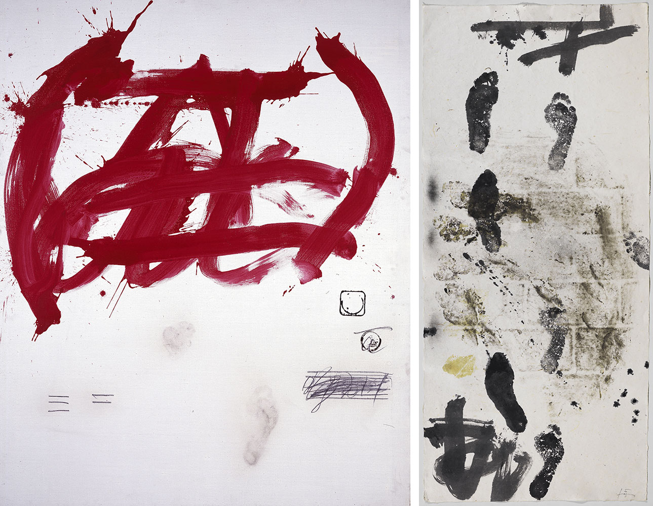 Left: Antoni Tàpies, Calligrafia vermella, 1979, Acrylic paint and pencil on canvas 162,5 x 130 cm / 162.5 x 130 cm, Private Collection, Barcelona, © Comissió Tàpies / Vegap. De la fotografia: FotoGasullRight: Antoni Tàpies, Petjades i frottage, 2000, Paint and frottage on Japan paper, 158 x 71 cm, Private Collection, Barcelona, © Comissió Tàpies / Vegap. De la fotografia: FotoGasull