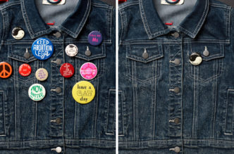 Left: Annette Kelm, Jeans Buttons, 2023 Archival pigment print, 55,4 x 41,5 cm (unframed), Edition of 6, © Annette Kelm, courtesy the artist and Esther Schipper Gallery. Right: Annette Kelm Jeans Buttons, Human Rights, 2023, Archival pigment print, 55 x 41 cm (unframed), Edition of 6, © Annette Kelm, courtesy the artist and Esther Schipper Gallery