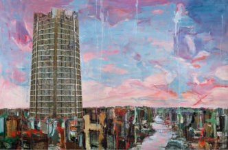 Tu Hongtao, Tower of Babel, 2023, Oil and oilstick on canvas, 82¹¹⁄₁₆ × 126 inches (210 × 320 cm), © Tu Hongtao, Courtesy the artist and Lévy Gorvy Dayan Gallery