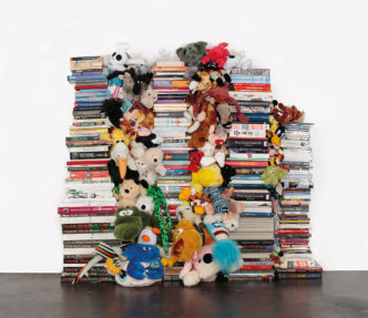 Cosima von Bonin, 2016, 2007/2016, 143 books, 13 DVDs, 1 VHS cassette, stuffed animals, 150 x 180 x 60 cm, Private collection, Photo © Simon Vogel