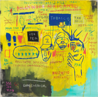 Jean-Michel Basquiat, Hollywood Africans, 1983, Acrylic and oil stick on canvas, 84 1/8 x 84 inches (213.5 x 213.4 cm), Whitney Museum of American Art, New York; gift of Douglas S. Cramer, © Estate of Jean-Michel Basquiat. Licensed by Artestar, New York, Photo: © Whitney Museum of American Art/Licensed by Scala/Art Resource, NY, Courtesy Gagosian