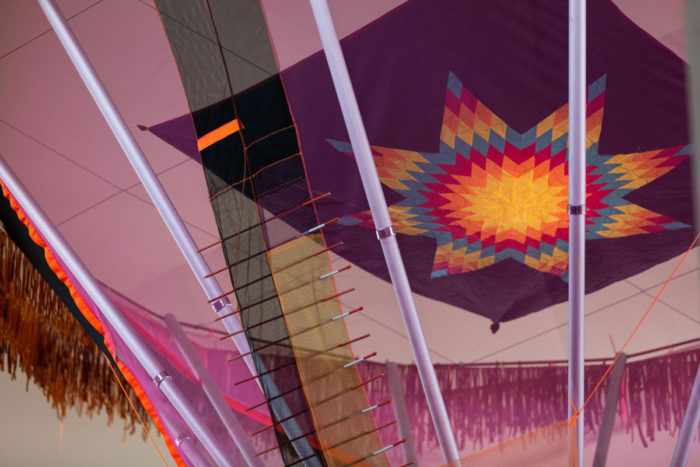 Cannupa Hanska Luger, Uŋziwoslal Wašičuta (from the series Future Ancestral Technologies), 2021 (detail) (installation view, Albuquerque Museum of Art, New Mexico, 2021). Mixed media installation: Crenolyn, steel, ceramic, ribbon, nylon cord, fiberglass rod, approx. 360 × 156 × 156 in. (910 × 1300 × 1300 cm). © Cannupa Hanska Luger. Courtesy Albuquerque Museum of Art. Photograph by Reece Martinez