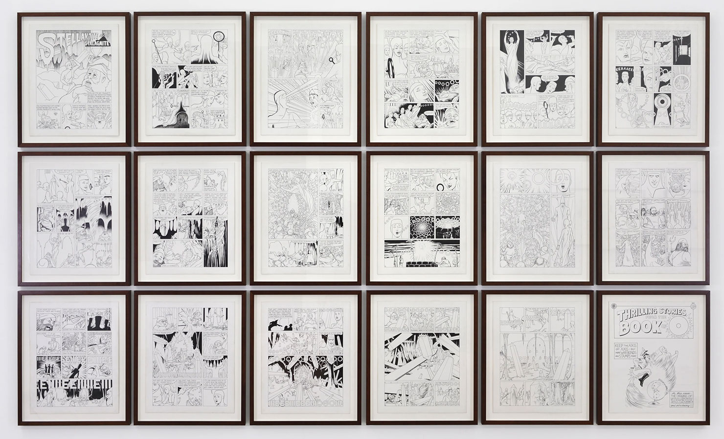 Jim Shaw, Stellaktite and Stellagmite, 2011, 18 ink on board comic drawings, 20 x 16 in (Each :) / 24 x 20 in (Framed :), 50.8 x 40.6 cm / 61 x 50.8 cm (framed) , © Jim Shaw, Courtesy the artist and Praz-Delavallade Gallery