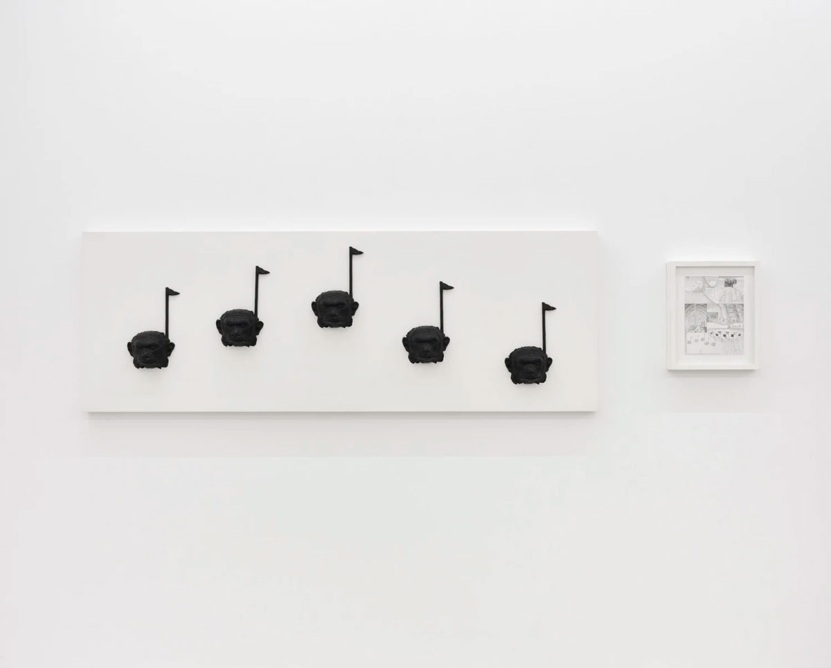 Jim Shaw, Dream Object (”In a James Bond sequence... On the wall were decorative musical notes with monkey heads for dots...”), 2005, 5 Monkey Head Notes polyurethane, 13 3/4 x 7 7/8 x 8 5/8 in, 28 x 75 3/4 x 2 1/4 in (framed) / 34.9 x 20 x 21.9 cm, 71.12 x 192.41 x 5.72 cm (framed), © Jim Shaw, Courtesy the artist and Praz-Delavallade Gallery