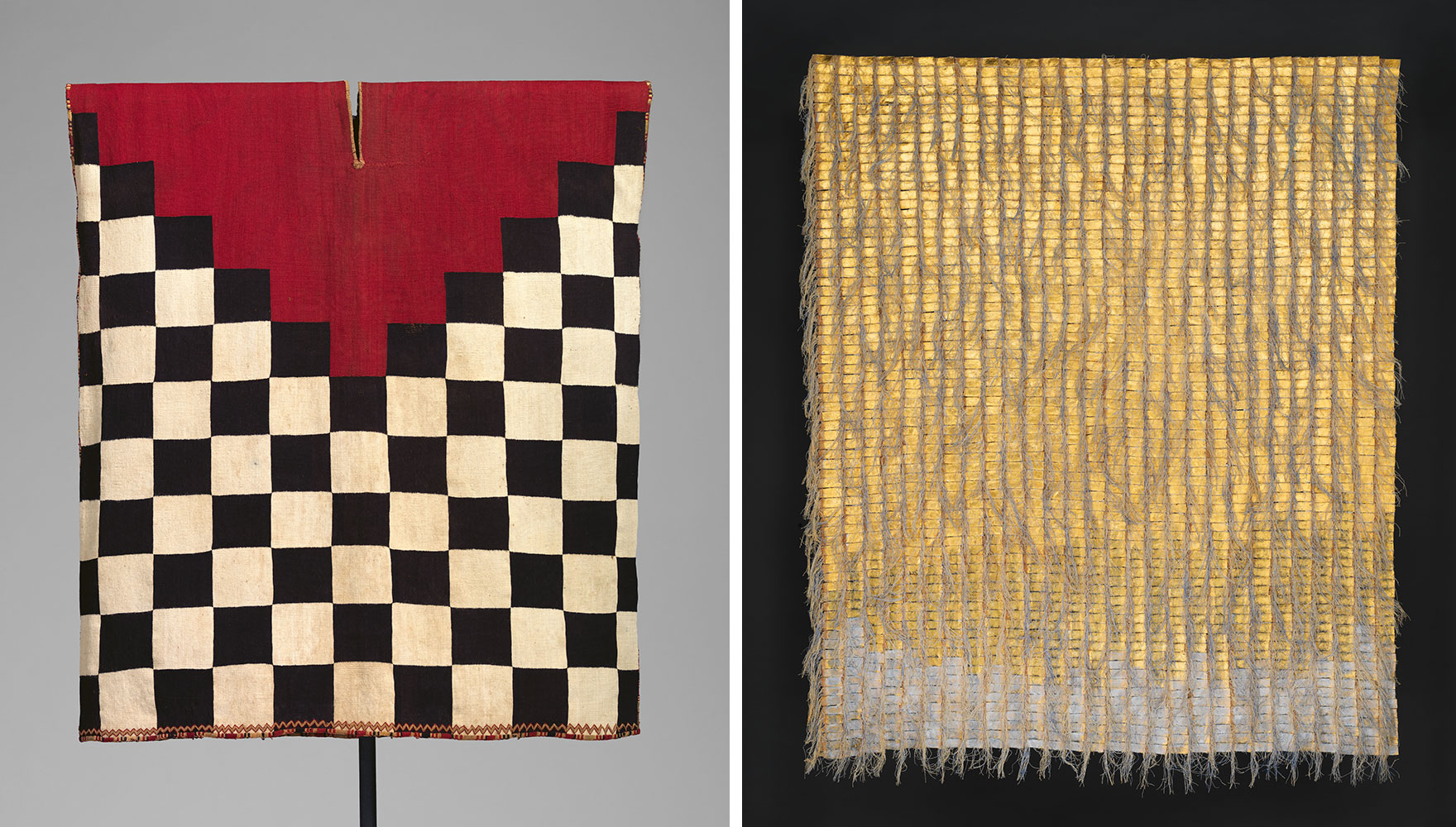 Left: Inca artist, Tunic, 16th century, Argentina, Peru, or Bolivia, Camelid fiber, 34 1/4 x 30 1/8 in. (87 x 76.5 cm), The Metropolitan Museum of Art, Purchase, Fletcher Fund, Claudia Quentin Gift, and Harris Brisbane, Dick Fund, 2017, (2017.674), Image: © The Metropolitan Museum of ArtRight: Olga de Amaral, Alquimia 13, 1984, Linen, rice paper, gesso, indigo red and gold leaf, 72 × 62 in. (182.9 × 157.5 cm), Gift of Olga and Jim de Amaral, 1987, The Metropolitan Museum of Art (1987.387) Image: © Courtesy Olga de Amaral. Image © The Metropolitan Museum of Art, photo by Peter Zeray 