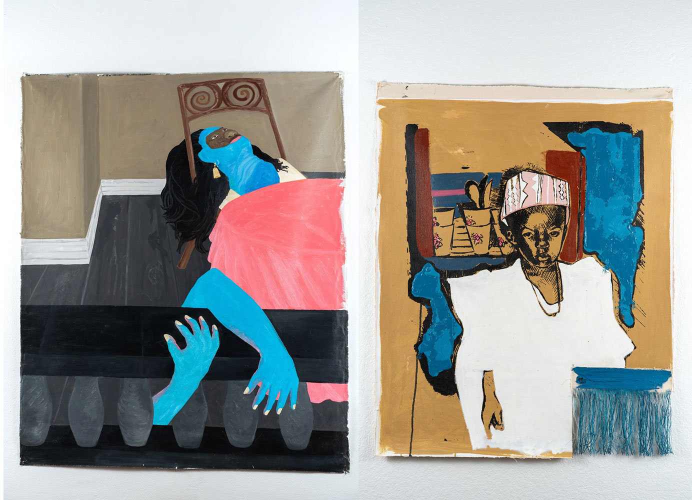 Left: Daniel Tetteh Nartey, Mood Swing, 2023, Oil and acrylic, 51 1/2 x 42 1/2 inches, © Daniel Tetteh Nartey , Courtesy the artist and McLennon Pen Co. GalleryRight: Salihu Mohammed, The In-between, 2023, Mixed media, 37 1/2 x 27 1/2 inches, © Salihu Mohammed, Courtesy the artist and McLennon Pen Co. Gallery 