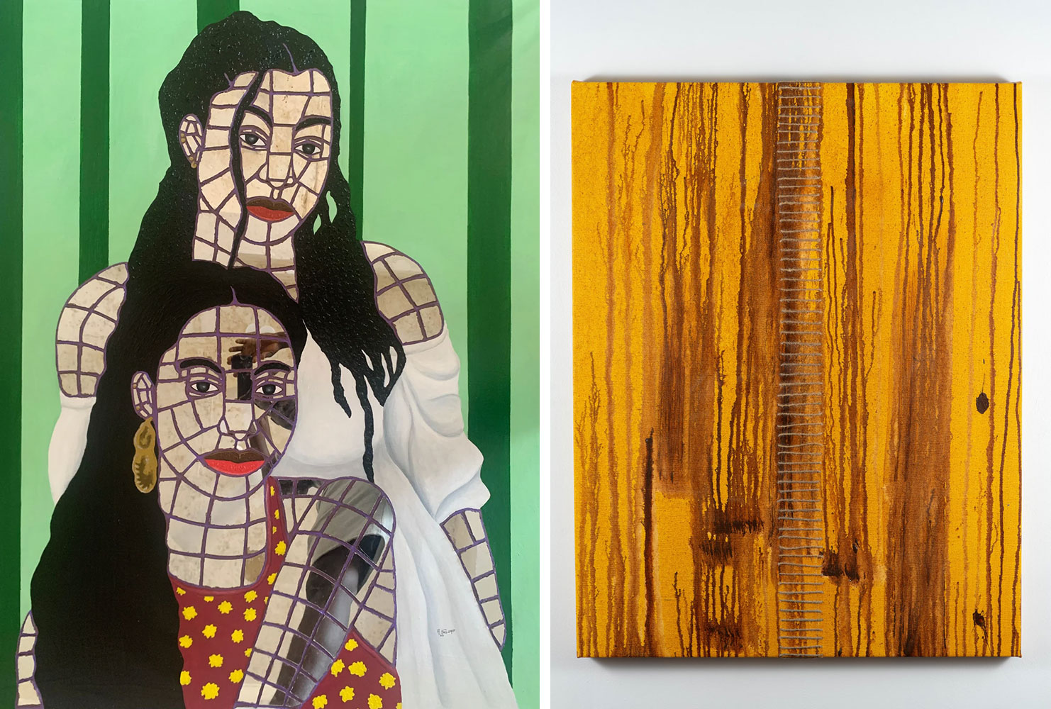 Left: Selorm Amekorfia, Sisters love, 2023, Broken mirror and acrylic on canvas, 51 1/2 x 46inches, © Selorm Amekorfia, Courtesy the artist and McLennon Pen Co. GalleryRight: Theresah Ankomah, Asaase Akwa, 2022, Acrylic paint and jute rope stitches on canvas, 36 x 28 inches, © Theresah Ankomah, Courtesy the artist and McLennon Pen Co. Gallery 
