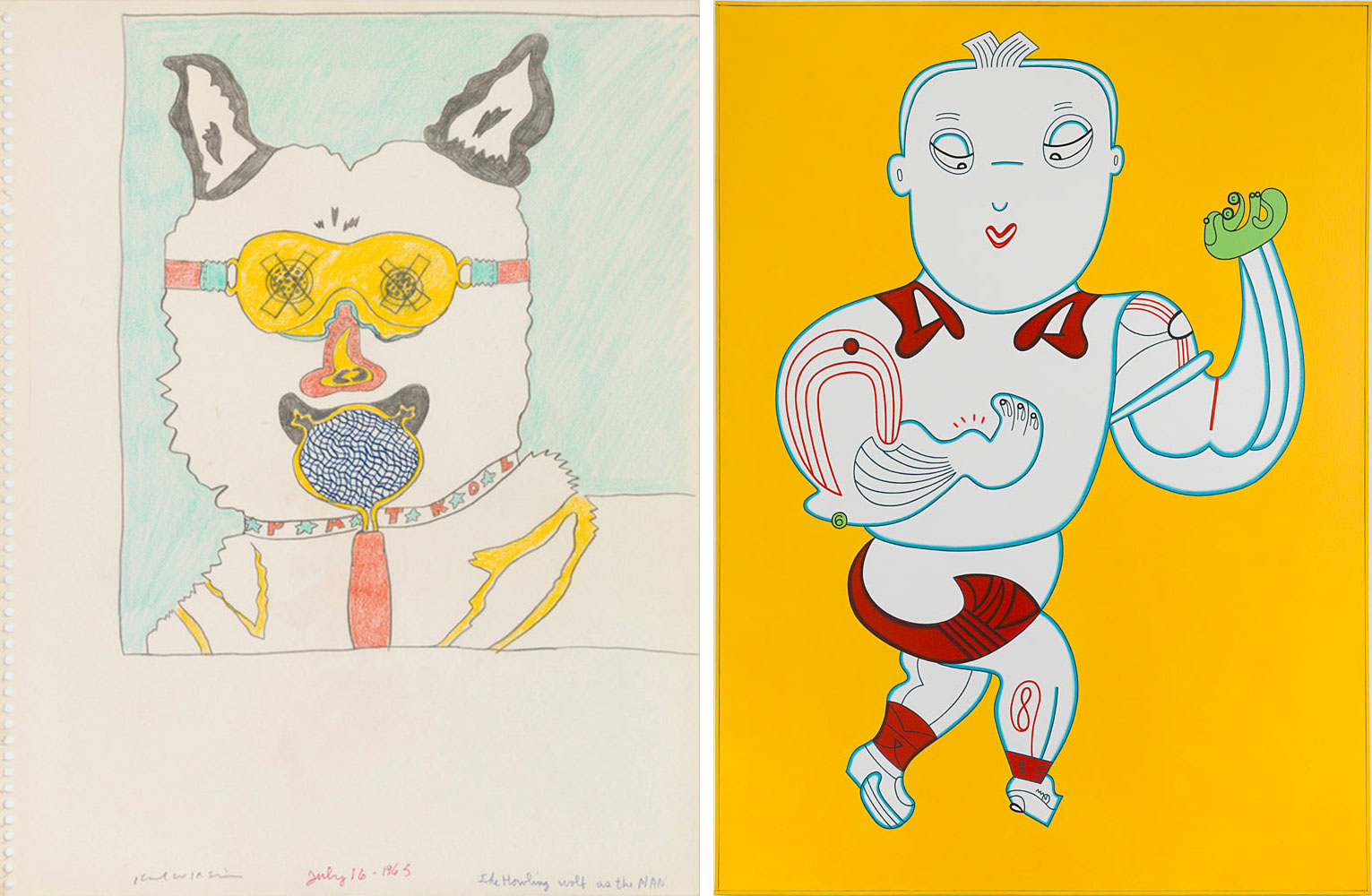 Left: Karl Wirsum, Untitled (Study for "No Dogs Aloud"), 1965, Ink, graphite and color pencil on paper, 14 x 11 inches, © Karl Wirsum, Courtesy the artist and Derek Eller GalleryRight: Karl Wirsum, Thumb Thwack, 1986, Acrylic on canvas with painted wood frame, 50.5 x 35,25 inches, © Karl Wirsum, Courtesy the artist and Derek Eller Gallery 