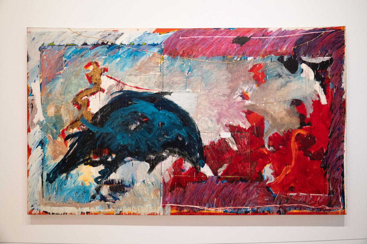 Mary Lovelace O’Neal, Blue Whale a.k.a. #12 (from the Whales Fucking series), 1983, Oil, oil pastel, and glitter on canvas, 81 x 138 in. (205.7 x 350.5 cm), Collection of the artist; courtesy Karen Jenkins-Johnson