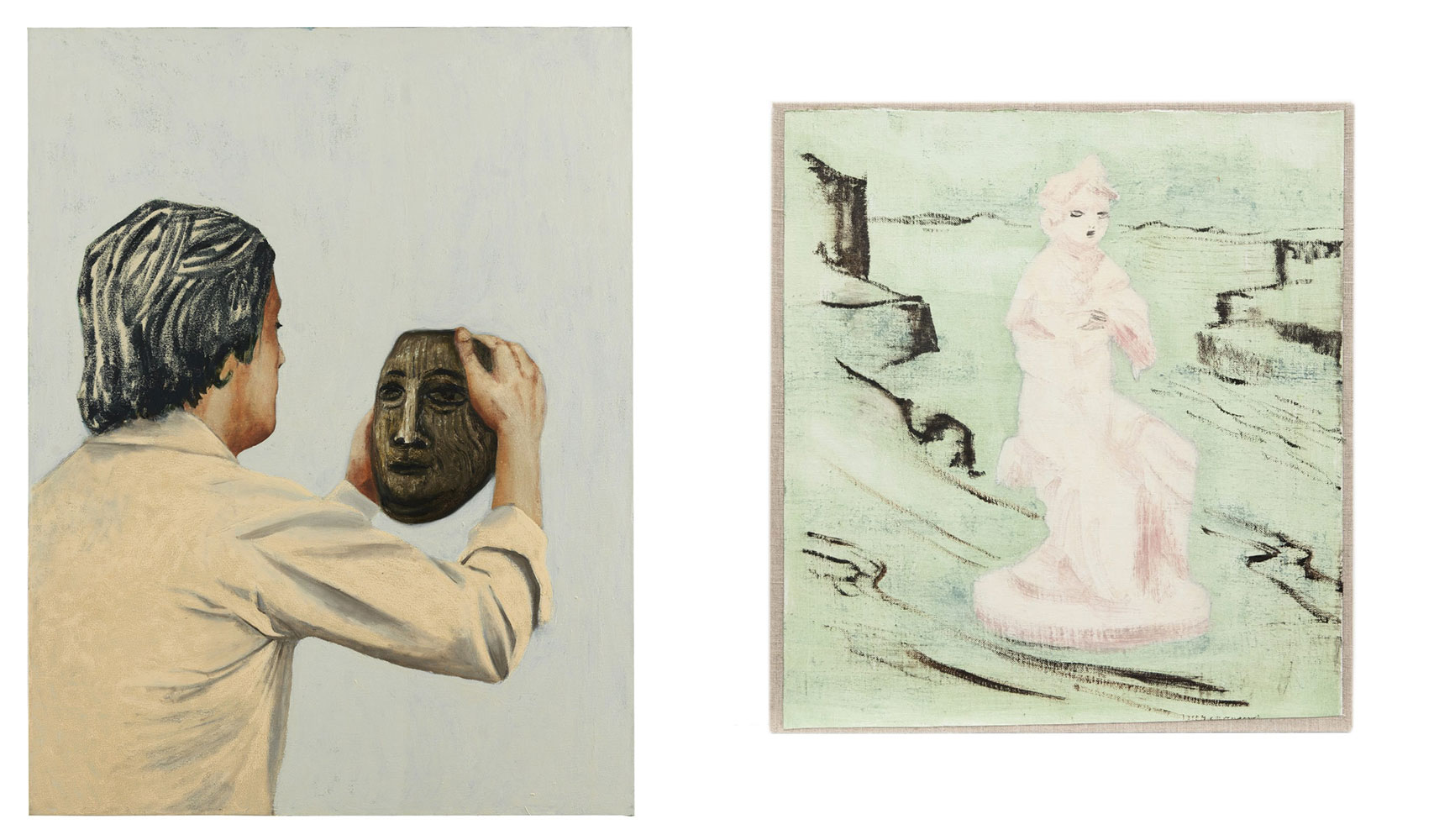 Left: Mamma Andersson, Fadern / The Father, 2021, Oil and acrylic on canvas, 105x80 cm, © Mamma Andersson, Courtesy the artist and Galleri Magnus KarlssonRight: Mamma Andersson, Floden / The Stream, 2022, Oil on canvas, 41x37,5 cm, © Mamma Andersson, Courtesy the artist and Galleri Magnus Karlsson 