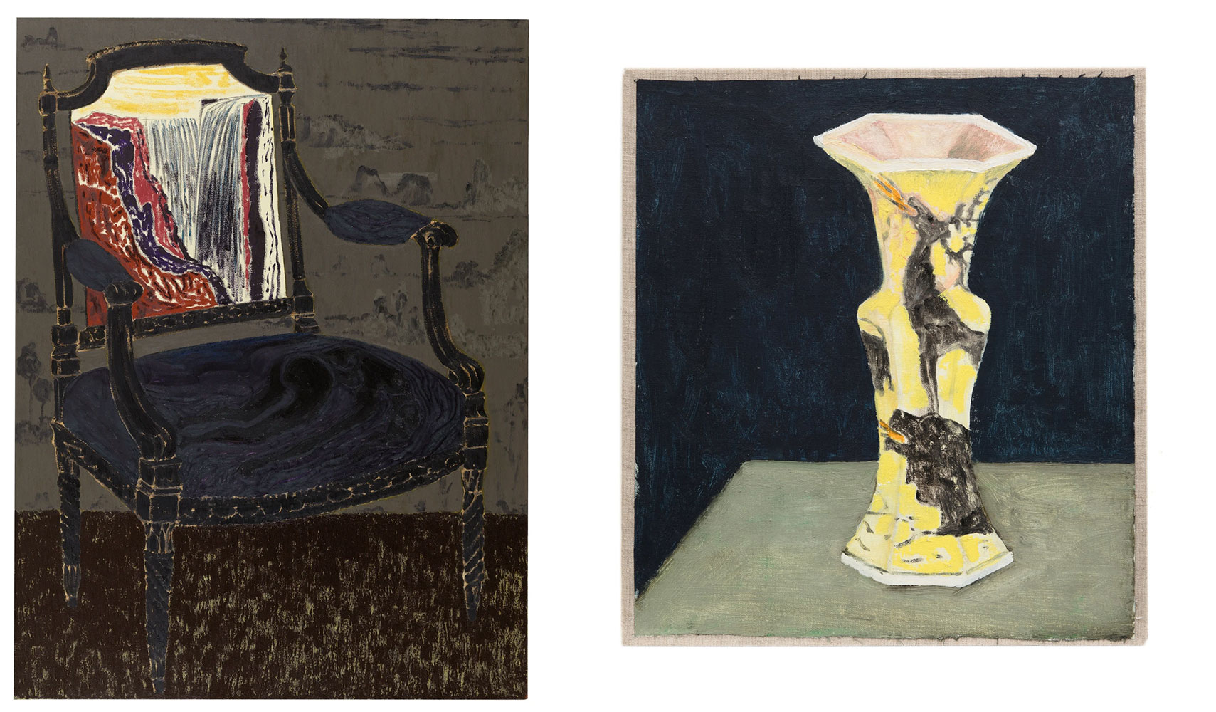 Left: Mamma Andersson, Samtal – Fall / Conversation – Fall, 2022, Oil and acrylic on canvas, 145,5x110 cm, © Mamma Andersson, Courtesy the artist and Galleri Magnus KarlssonRight: Mamma Andersson, Vasen / The Vase, 2022, Oil on canvas, 41,5x37,5 cm, © Mamma Andersson, Courtesy the artist and Galleri Magnus Karlsson 