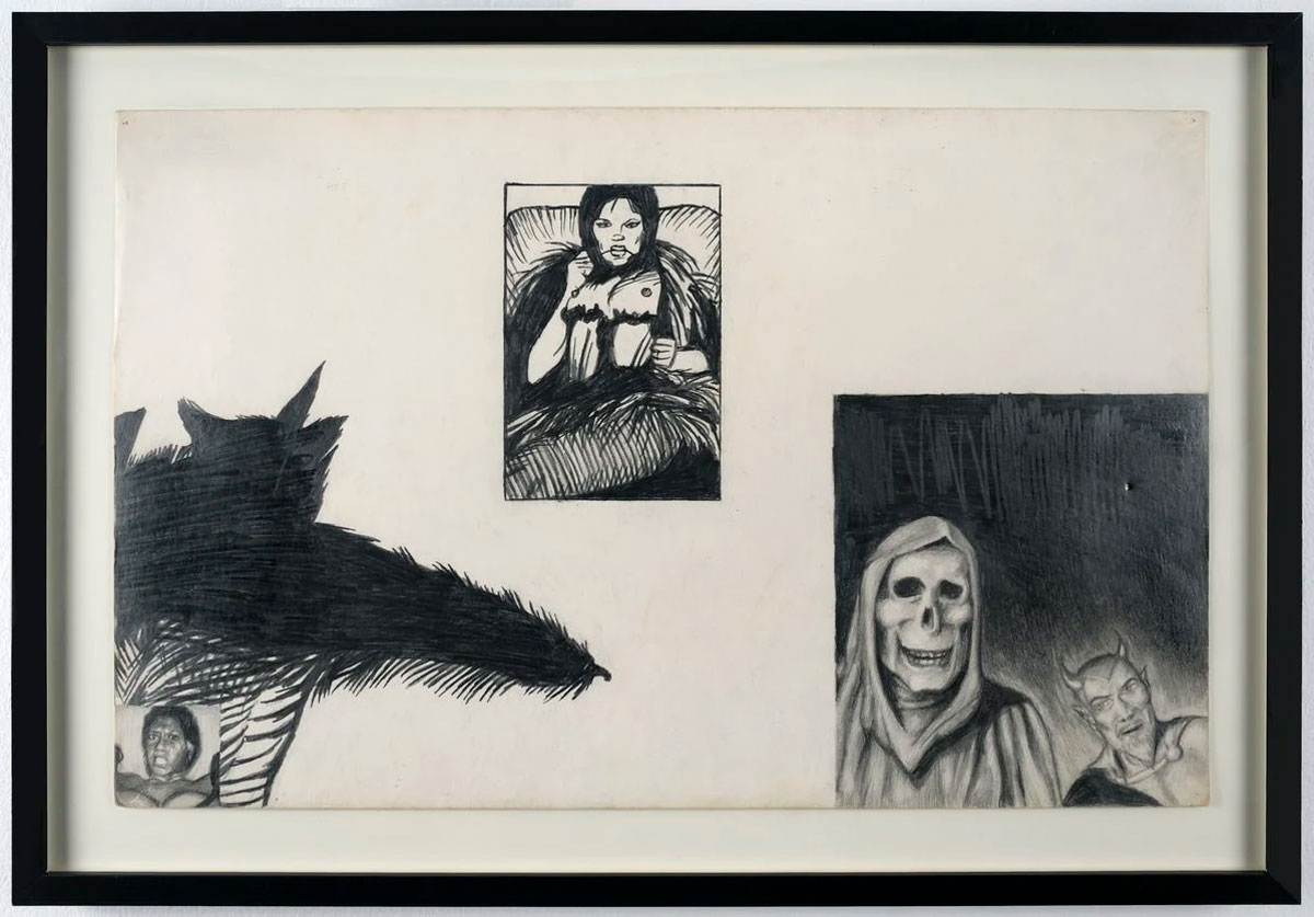Jim Shaw, Untitled, 1974, Pencil on paper, 14 x 21 5/8 in / 23 5/8 x 31 1/2 x 2 5/32 in (framed), 35.6 x 55 cm / 60 x 80 x 5.5 cm (framed), © Jim Shaw, Courtesy the artist and Praz-Delavallade Gallery