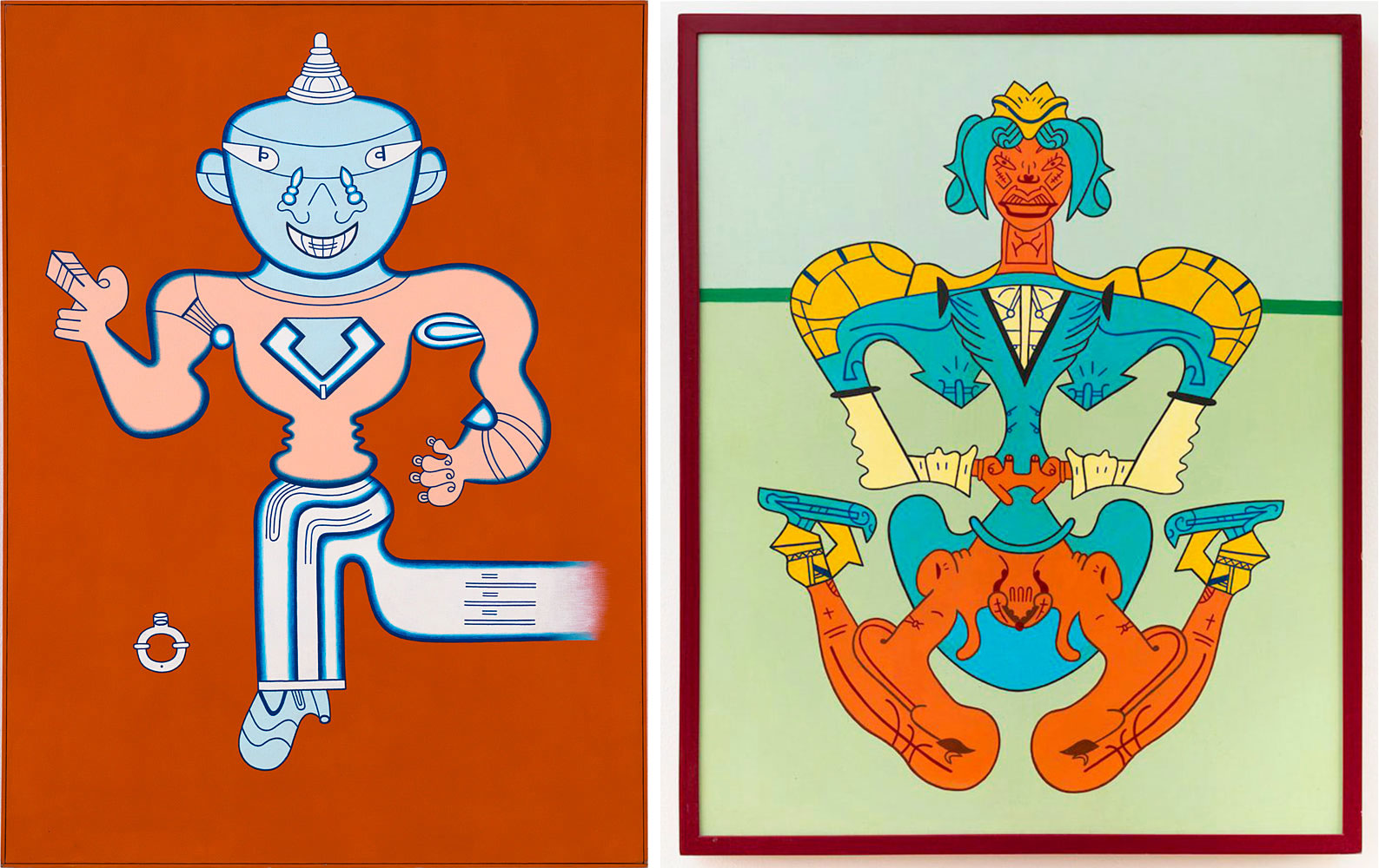 Left: Karl Wirsum, Mr. Whatzit on the Road to Burmashave, 1985, Acrylic on canvas with painted wood frame, 48.25 x 36.5 inches, © Karl Wirsum, Courtesy the artist and Derek Eller GalleryRight: Karl Wirsum, Great Skates III, 1976, Acrylic on board with painted wood frame, 31.125 x 25.25 x 2 inches, © Karl Wirsum, Courtesy the artist and Derek Eller Gallery 