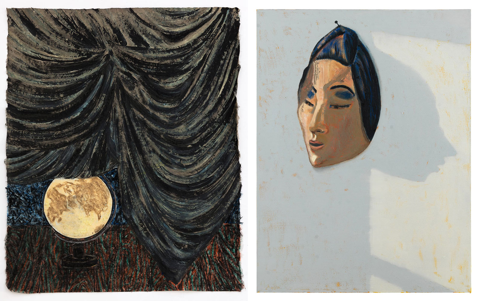 Left: Mamma Andersson, Jordgloben / The Globe, 2022, Soft pastel and acrylic on rice paper, 52x43 cm, © Mamma Andersson, Courtesy the artist and Galleri Magnus KarlssonRight: Mamma Andersson, Modern / The Mother, 2021, Oil and acrylic on canvas, 105x80 cm, © Mamma Andersson, Courtesy the artist and Galleri Magnus Karlsson 