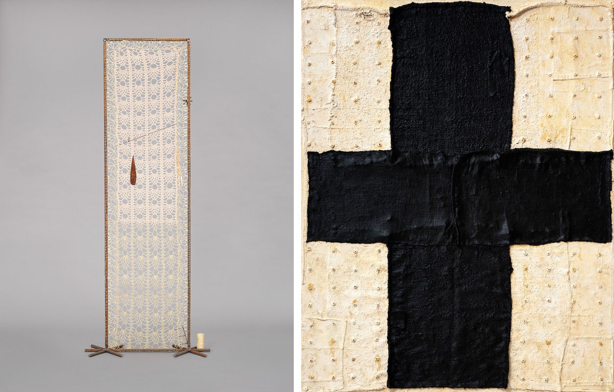 Left: ektor garcia, teotihuacan, 2018. Welded steel, waxed thread, cotton, bone crochet hook, upholstery needle, spur, welded frame, crochet white lace, and loose parts embedded attached to lace, 77 1/2 × 31 1/2 × 9 3/4in. (196.9 × 80 × 24.8 cm). Whitney Museum of American Art, New York; gift of Avo Samuelian and Hector Manuel Gonzalez 2022.163. © ektor GarciaRight: Harmony Hammond, Black Cross II, 2020–21. Oil and mixed media on canvas, 90 3/8 × 72 1/4 × 2 3/4 in. (229.6 × 183.5 × 7 cm). © Harmony Hammond. Courtesy the artist and Alexander Gray Associates, New York. Photograph by Eric Swanson 