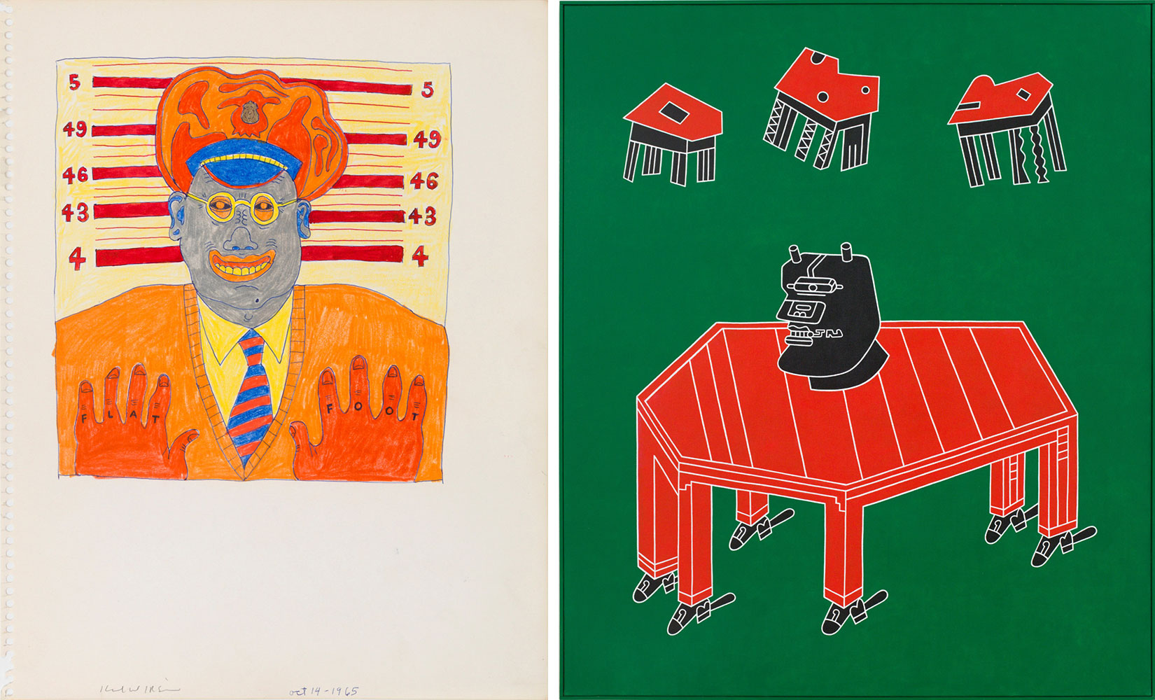 Left: Karl Wirsum, Untitled (Study for Flat Foot), 1968, Ink and color pencil on paper, 14 x 11 inches, © Karl Wirsum, Courtesy the artist and Derek Eller GalleryRight: Karl Wirsum, Turning the Tables on My Bald Head, 2013, acrylic on canvas with painted wood frame, 47.5 x 40 inches, © Karl Wirsum, Courtesy the artist and Derek Eller Gallery 