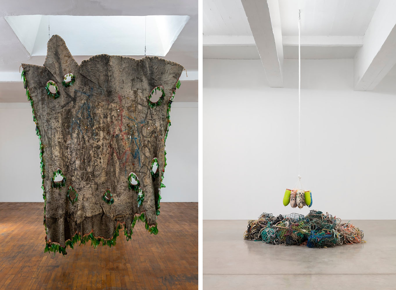 Left: Installation view of Whitney Biennial 2024: Even Better than the Real Thing (Whitney Museum of American Art, New York, March 20–August 11, 2024Right: Karyn Olivier, How Many Ways Can You Disappear, 2021. Potwarp; lobster traps; buoys washed ashore on Matinicus Island, Maine; and rope reproduced in salt, 179 × 98 × 73 in. (454.7 × 248.9 × 185.4 cm). © Karyn Olivier. Courtesy the artist and Tanya Bonakdar Gallery, New York and Los Angeles. Photograph by Pierre Le Hors 