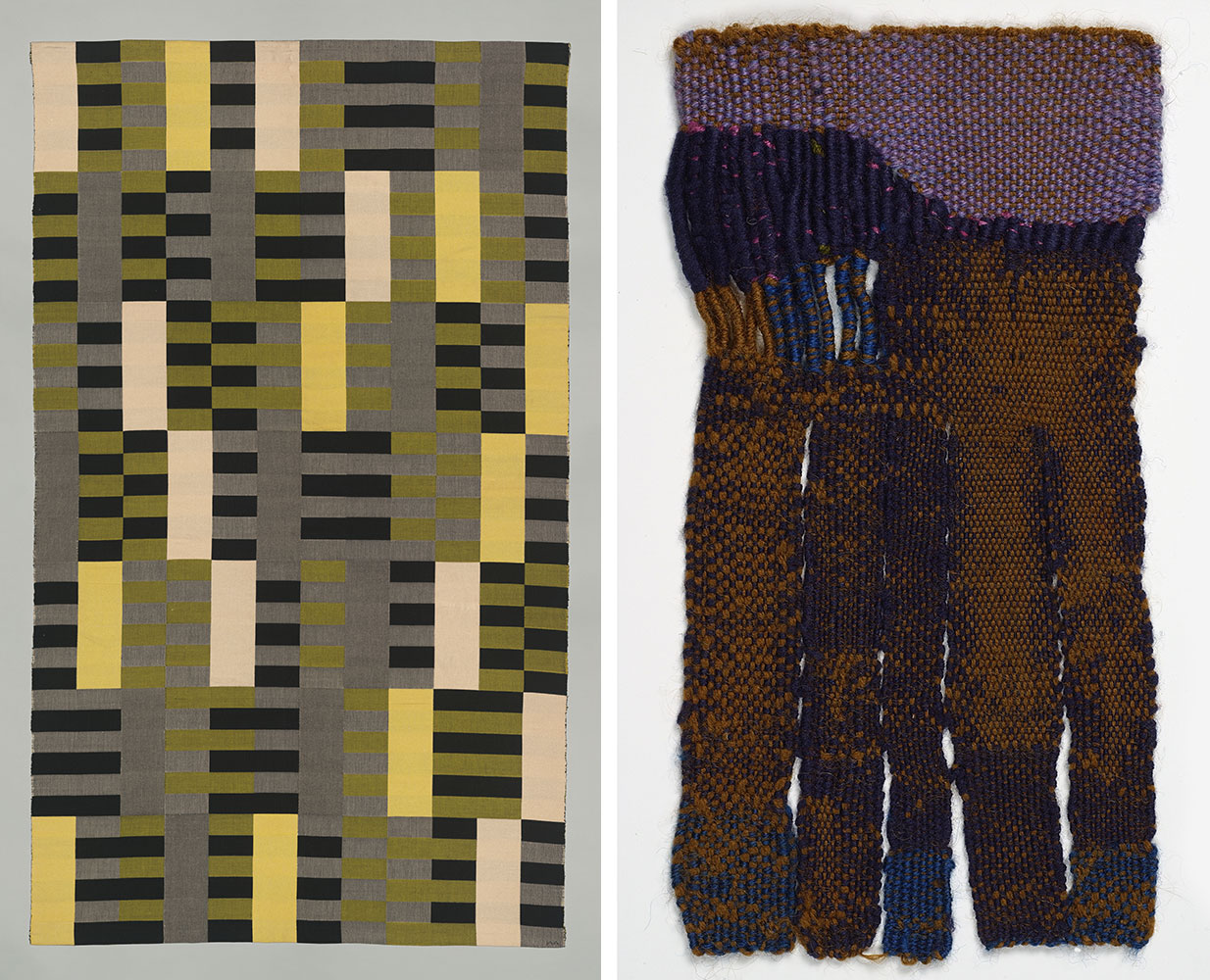 Left: Anni Albers, Orange, Connecticut Black-White-Yellow, Original 1926 (lost), re-woven by Gunta Stölzl in 1965, Mercerized cotton, silk, 80 1/4 × 47 3/8 in. (203.8 × 120.3 cm), The Metropolitan Museum of Art, Purchase, Everfast Fabrics Inc. and Edward C. Moore Jr. Gift, 1969, (69.134), Image: © The Josef and Anni Albers Foundation / Artists Rights Society (ARS), New York, 2024, © The Metropolitan Museum of Art Hyla SkopitzRight: Sheila Hicks, Rallo, 1957, Wool, 9 1/2 × 5 1/8 inches (24.1 × 13 cm) Cooper Hewitt, Smithsonian Design Museum, Smithsonian Institution, Image: Matt Flynn © Smithsonian Institution 