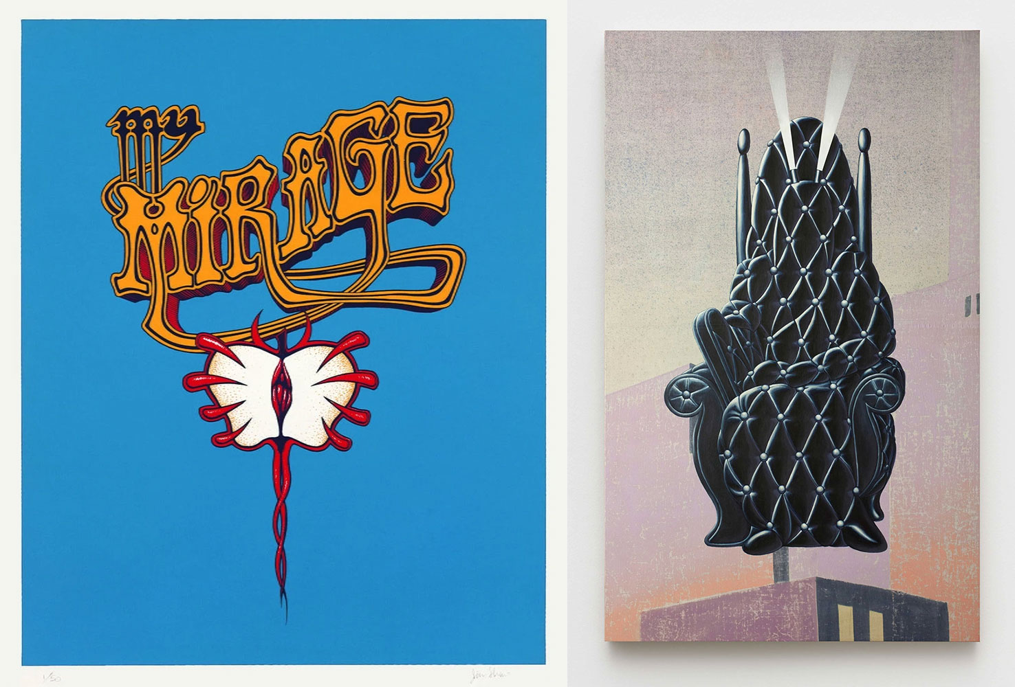 Left: Jim Shaw, My Mirage, 1989, silkscreen on paper, 13 31/32 in, 43.2 x 35.5 cm, Edition 20 of 50, © Jim Shaw, Courtesy the artist and Praz-Delavallade GalleryRight: Jim Shaw, The Seat of the Law, 2019, Acrylic on muslin, 60 x 37 x 1.75 in, 152.4 x 94 x 4.4 cm, © Jim Shaw, Courtesy the artist and Praz-Delavallade Gallery