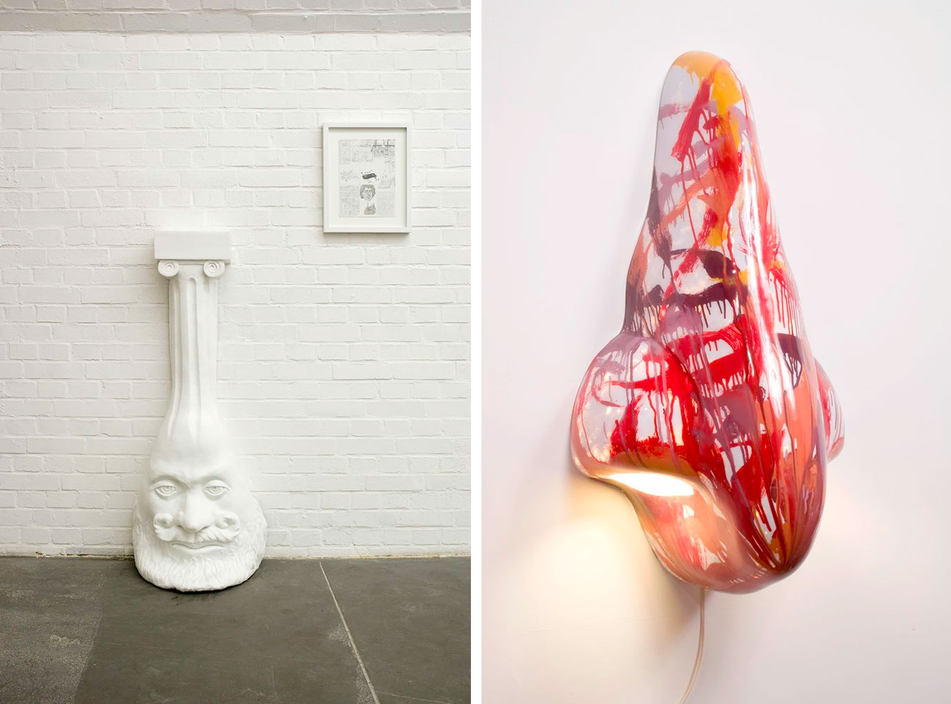 Left: Jim Shaw, Dream Object ("I was finding these metal signs with obsessive writing etched on them by teen gang types, typically their names... I was pouring weird latex columns for Mike that had saggy pagan heads at the bottom."), 2006, silicon and fiberglass, 55 x 16 x 13 in, 139.7 x 40.6 x 33 cm, Edition 3 of 3, plus 1 AP, © Jim Shaw, Courtesy the artist and Praz-Delavallade GalleryRight: Jim Shaw, Nose sculpture wall sconce (AbEx 6), 2007, Mixed media, light & cord, 38 x 20 x 16 in, 96.52 x 50.8 x 40.64 cm, © Jim Shaw, Courtesy the artist and Praz-Delavallade Gallery