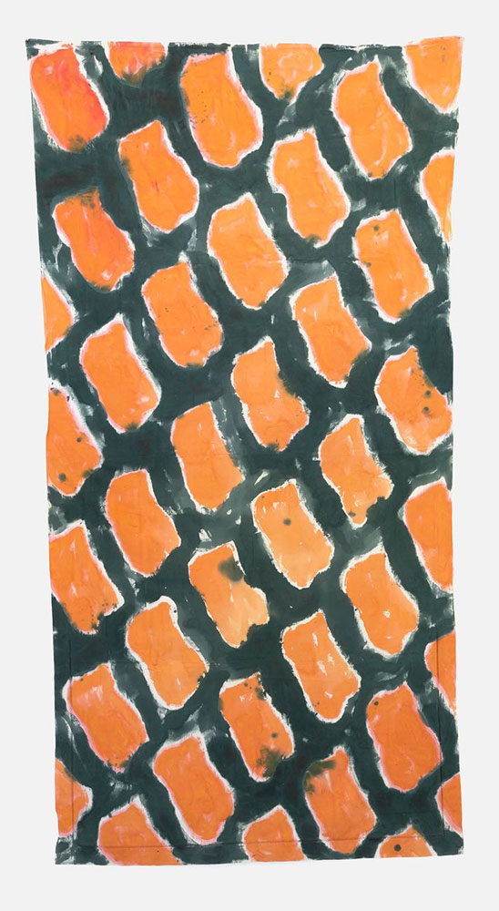 Claude Viallat, Untitled N°12 (1989), 1989, Acrylic on embroidered sheet, 330 x 152 cm, 129 15/16 x 59 13/16 inches, Courtesy Templon