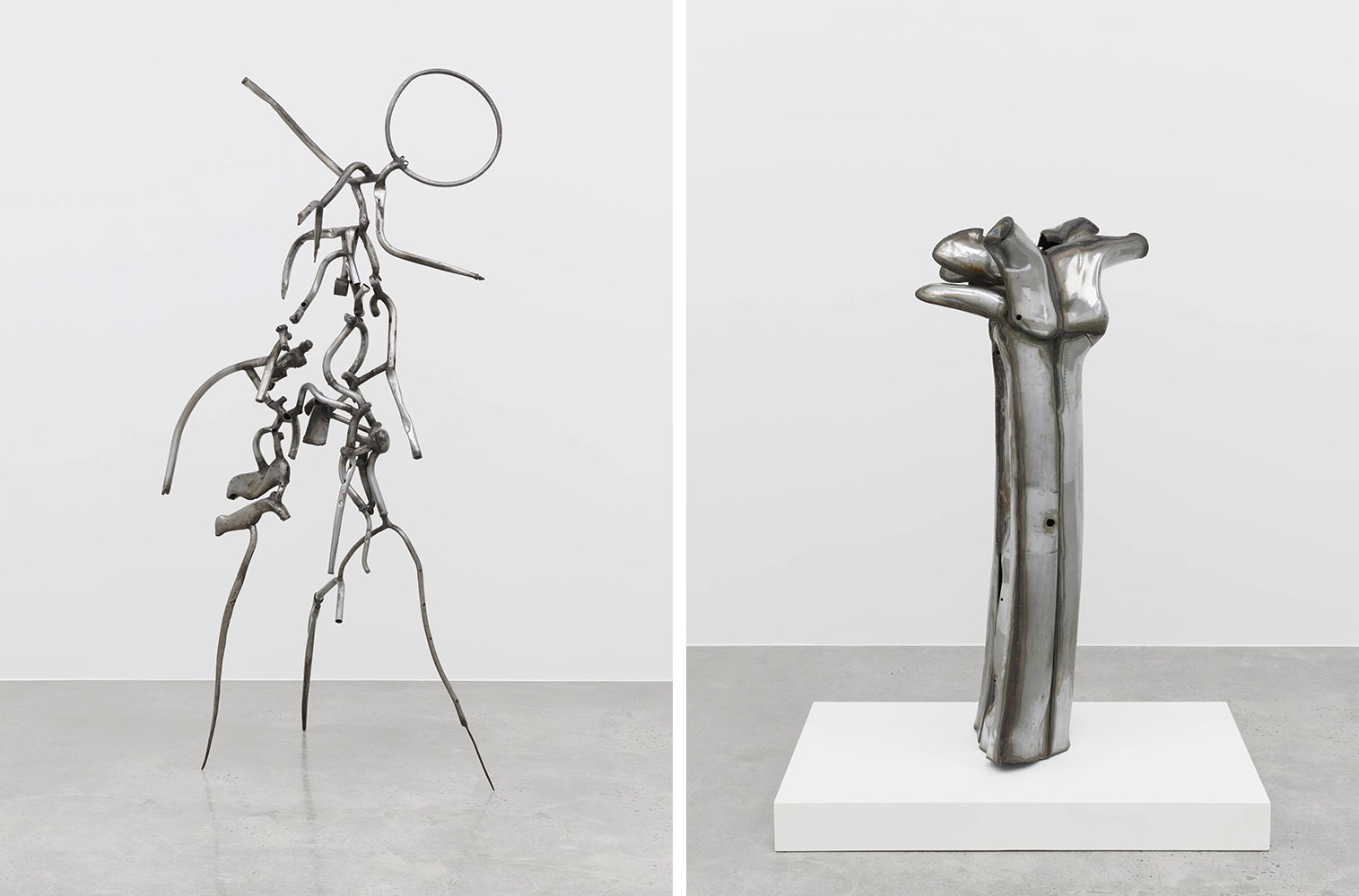 Left: Richard Hunt, Linear Spatial Theme, Number 1, 1962, Welded chromed steel, 213.4 x 109.2 x 88.9 cm | 84 x 43 x 35 in., © Richard Hunt, Courtesy White Cube GalleryRight: Richard Hunt, Figure Form 1966, Welded chromed steel, 142.9 x 66.0 x 47.0 cm | 56 1/4 x 26 x 18 1/2 in., © Richard Hunt, Courtesy White Cube Gallery 