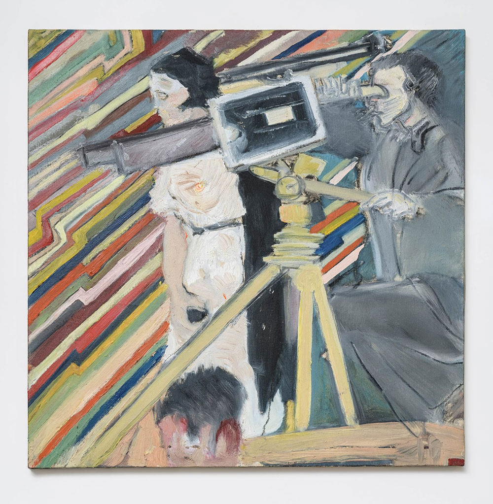 Fabio Mauri, Filmano tutto [They film everything], 1986 c., Tempera on canvas, 60 × 60 cm, Courtesy Richard Saltoun Gallery