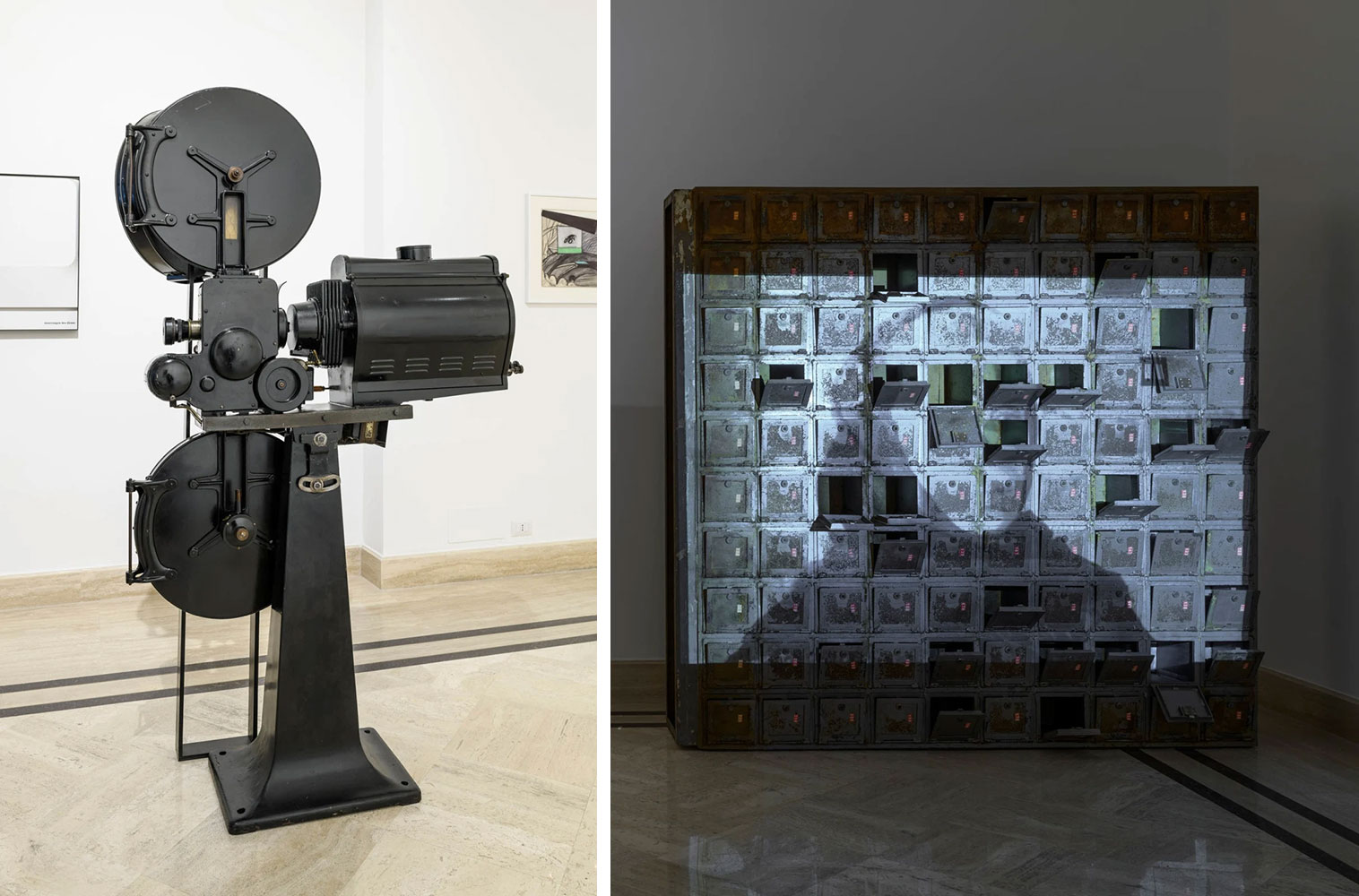 Left: Fabio Mauri, Pittura [Painting], 1986/1996, Film projector, wooden frame, canvas, 209.9 x 109.9 x 49.8 cm, Installation overall: 186.69 x 114.3 x 81.28 cm, Courtesy Richard Saltoun GalleryRight: Fabio Mauri, Rebibbia, 2006, Iron cabinet with projection of "Ballad of a Soldier" by Grigori Chukhrai; pedestal, A/V equipment, projector, Installation overall: 190.5 x 482.6 x 197.5 cm, Iron cabinet: 190.5 x 198.12 x 43.18 cm, Projector: 102.87 x 23.8 x 23.495 cm, Ped: 101.6 x 23.49 x 23.49 cm, Edition 1 of 2, Courtesy Richard Saltoun Gallery 