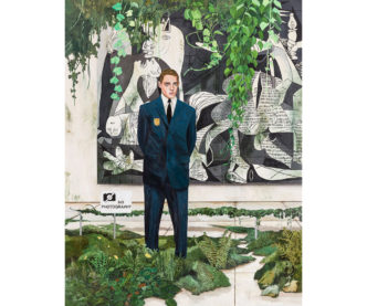 Hernan Bas, The last museum guard at the last museum on Earth, 2024, Acrylic on linen, 274.3 × 213.4 cm | 9 × 7 ft, © Hernan Bas, Courtesy the artist and Perrotin Gallery