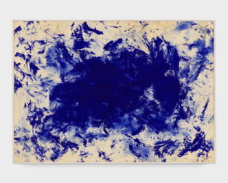 Yves Klein,Anthropométrie (Le Buffle) (ANT 93), c. 1960, Dry pigment and synthetic resin on paper mounted on canvas, 70¹⁄₁₆ × 110⅜ inches (178 × 280.4 cm), Courtesy Yves Klein Foundation, Paris, and Lévy Gorvy Dayan, New York