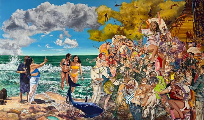 John Valadez, Chaos, 2024, Acrylic on canvas, 84 x 144 in, © John Valadez, Courtesy the artist and Luis De Jesus Los Angeles Gallery