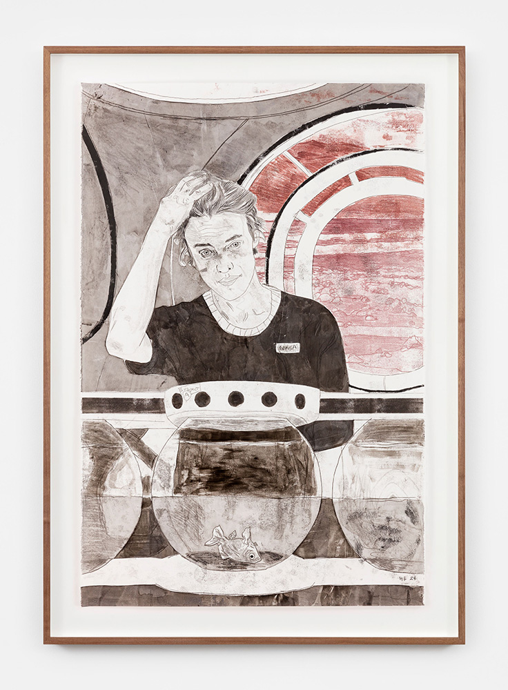 Hernan Bas, The first and last pet on Mars, 2024, Ink transfer drawing and multicolor silkscreen on paper, Unframed : 101.6 × 66.7 cm | 40 × 26 1/4 inch, Framed : 116.5 × 82 cm | 45 7/8 × 32 5/16 inch, Photographer: Tanguy Beurdeley, © Hernan Bas, Courtesy the artist and Perrotin