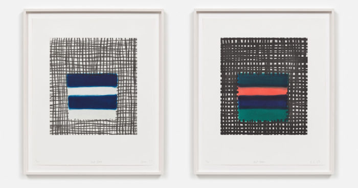 Photo Left: Sean Scully, Net Blue, 2023, aquatint with sugarlift and spitbite on paper, 76.2 x 63.5 cm.; 30 x 25 in., 85.5 x 72.5 x 4.4 cm.; 33 5/8 x 28 1/2 x 1 3/4 in. (framed), edition 1 of 40, © Sean Scully, Courtesy the artist and Galerie Max Hetzler. Photo Right: Sean Scully, Net Green, 2023, aquatint with sugarlift and spitbite on paper, 76.2 x 63.5 cm.; 30 x 25 in., 85.5 x 72.5 x 4.4 cm.; 33 5/8 x 28 1/2 x 1 3/4 in. (framed), edition 1 of 40, © Sean Scully, Courtesy the artist and Galerie Max Hetzler