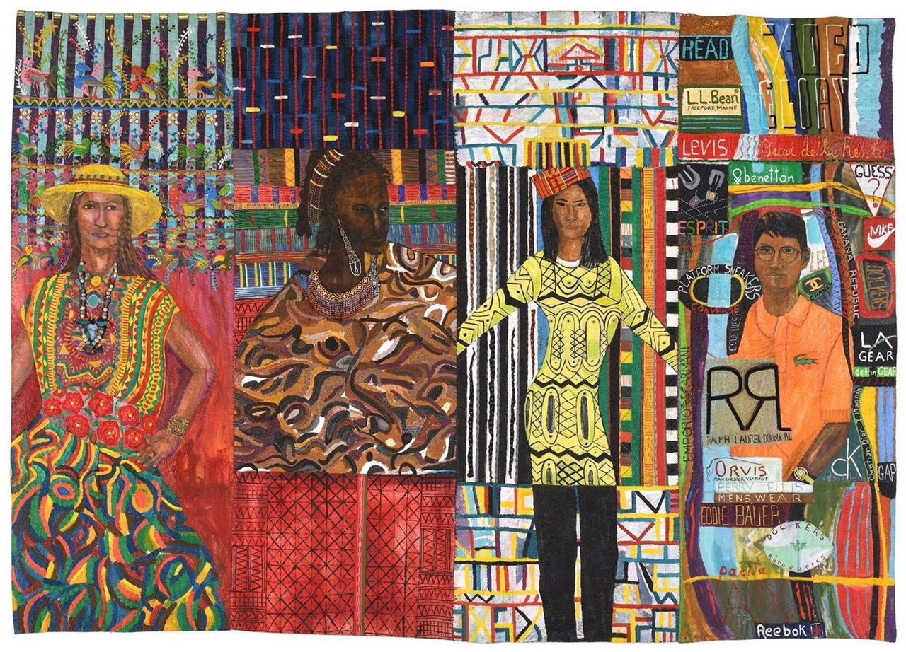 Pacita Abad. Cross-cultural Dressing (Julia, Amina, Maya, and Sammy). 1993. Oil, cloth, plastic buttons on stitched and padded canvas. Courtesy Pacita Abad Art Estate and Spike Island, Bristol. Photo: Max McClure