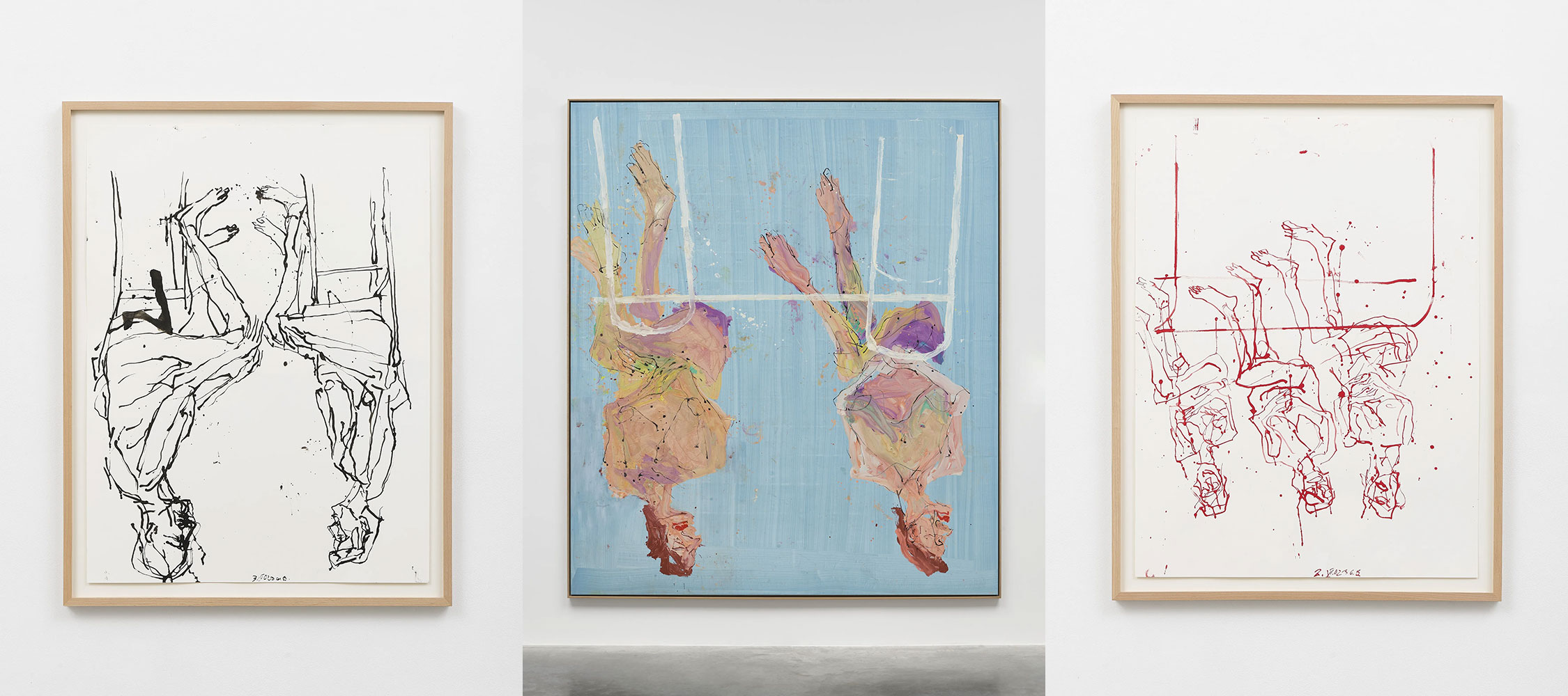 Left: Georg Baselitz, Untitled, 2023, India ink on paper, 100 x 74.9 cm | 39 3/8 x 29 1/2 in., 109.8 x 84.8 x 3.5 cm | 43 1/4 x 33 3/8 x 1 3/8 in. (framed), © Georg Baselitz, Courtesy the artist and White Cube GalleryCenter: Georg Baselitz Marie-Therese in Dinard (Marie-Therese in Dinard) 2023, Oil on canvas, 300 x 260 cm | 118 1/8 x 102 3/8 in., 304 x 264 x 5 cm | 119 11/16 x 103 15/16 x 1 15/16 in. (framed), © Georg Baselitz, Courtesy the artist and White Cube Gallery Right: Georg Baselitz, Untitled, 2023, Red ink on paper, 100 x 74.9 cm | 39 3/8 x 29 1/2 in., 109.8 x 84.8 x 3.5 cm | 43 1/4 x 33 3/8 x 1 3/8 in. (framed), © Georg Baselitz, Courtesy the artist and White Cube Gallery