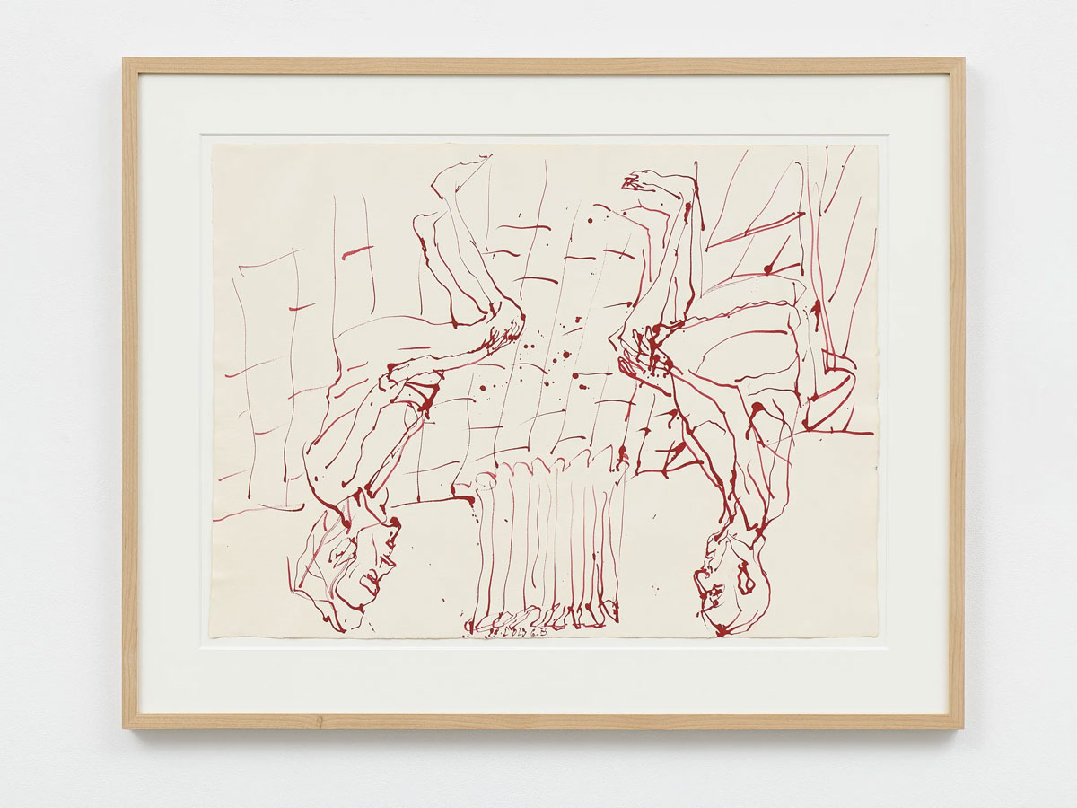 Georg Baselitz, Untitled, 2023, Red ink pen on paper, 58.6 x 79.3 cm | 23 1/16 x 31 1/4 in., 79.4 x 99.6 x 3.5 cm | 31 1/4 x 39 3/16 x 1 3/8 in. (framed), © Georg Baselitz, Courtesy the artist and White Cube Gallery