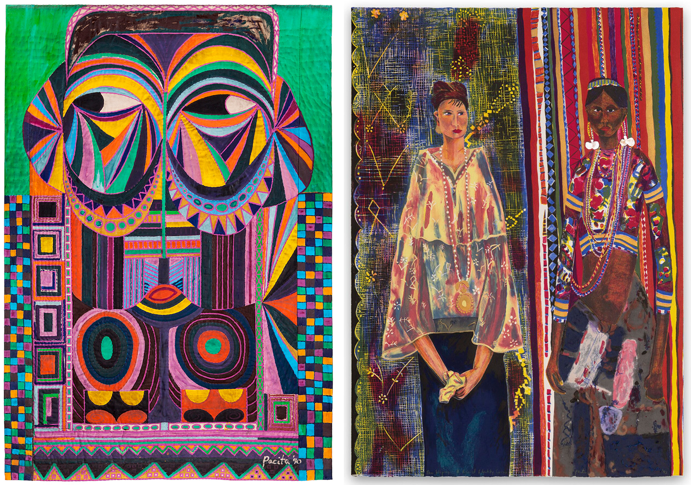 Left: Pacita Abad. European Mask. 1990. Acrylic, silkscreen, thread on canvas. Courtesy Pacita Abad Art Estate and Tate. Photo: At Maculangan/Pioneer StudiosRight: Pacita Abad. Filipina: A Racial Identity Crisis. 1992. Lithograph with pulp-painted chinecollé and metallic powder on paper, edition of 40. Courtesy Pacita Abad Art Estate. Photo Rik Sferra for Walker Art Center