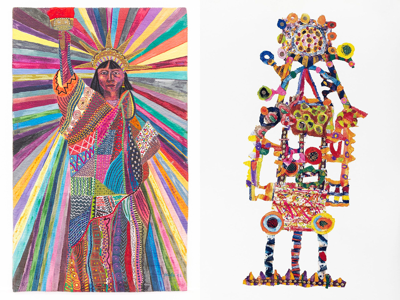 Left: Pacita Abad. L.A. Liberty. 1992. Acrylic, cotton yarn, plastic buttons, mirrors, gold thread, painted cloth on stitched and padded canvas. Collection Walker Art Center, Minneapolis; T.B. Walker Acquisition Fund, 2022. Courtesy Pacita Abad Art Estate and Spike Island, Bristol. photo: Max McClureRight: Pacita Abad. Self-Portrait. 2003. 24-color paper pulp, mixed-media collage on shaped, handmade STPI paper assemblage. Produced at STPI – Creative Workshop & Gallery, Singapore. Courtesy Pacita Abad Art Estate and STPI