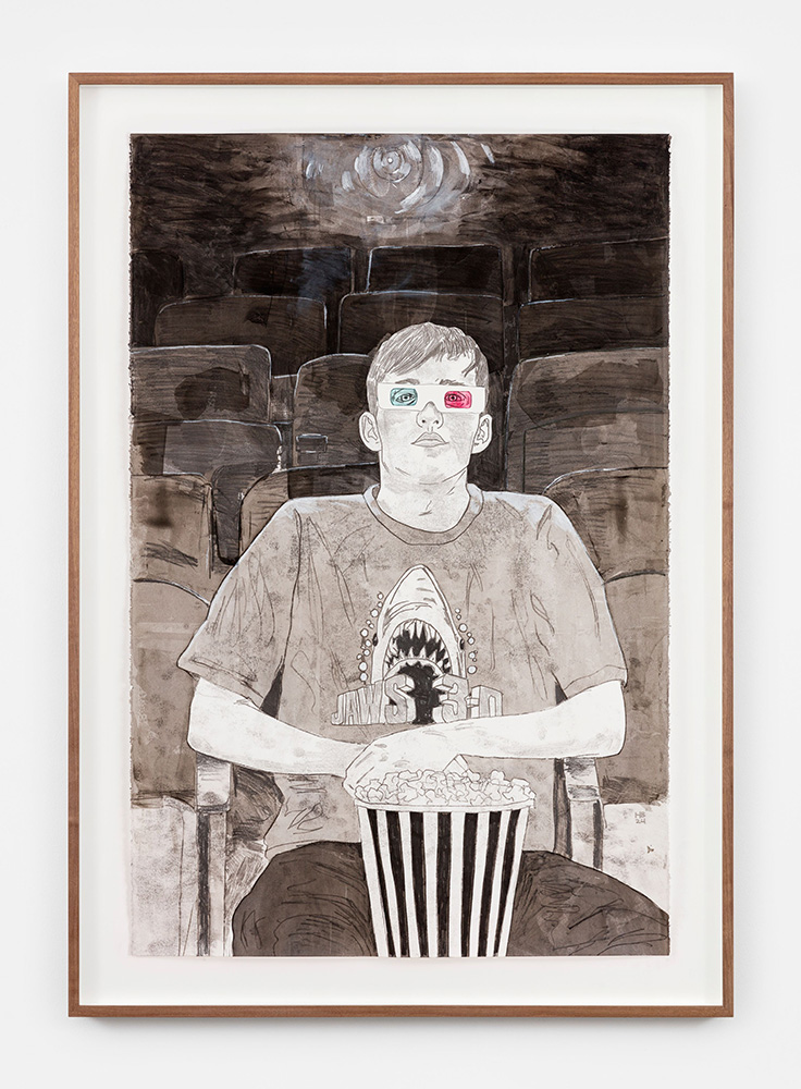Hernan Bas, The last screening, 2024, Ink transfer drawing and multicolor silkscreen on paper, Unframed : 101.6 × 66.7 cm | 40 × 26 1/4 inch, Framed : 116.5 × 82 cm | 45 7/8 × 32 5/16 inch, Photographer: Tanguy Beurdeley, © Hernan Bas, Courtesy the artist and Perrotin