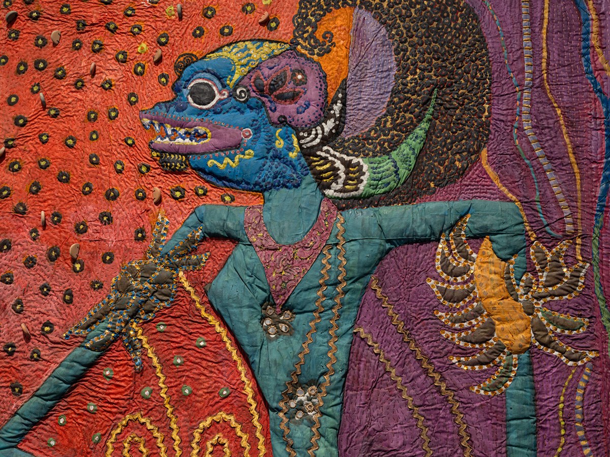 Pacita Abad. Marcos and His Cronies (detail). 1985–95. Mixed-media painting. Installation view of Pacita Abad, on view at MoMA PS1 from April 4 through September 2, 2024. Photo: Kris Graves