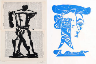 Photo Left: William Kentridge, From the Universal Archive series. Linocut printed on non-archival pages from Shorter Oxford English Dictionary, Courtesy of The Gund at Kenyon College and David Krut Projects, Johannesburg/New York. Photo Right: Pablo Picasso, Portrait de femme à la fraise et au chapeau, 1962. Linocut, Collection of Remai Modern. Gift of the Frank and Ellen Remai Foundation 2012.