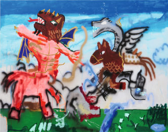 Robert Nava Battle of Olympus, 2023 Acrylic and grease pencil on canvas, 188 x 238,8 cm. Courtesy of the artist and Pace Gallery, Nueva York. © Robert Nava, courtesy Pace Gallery. Photo: Jonathan Nesteruk, courtesy Pace Gallery.