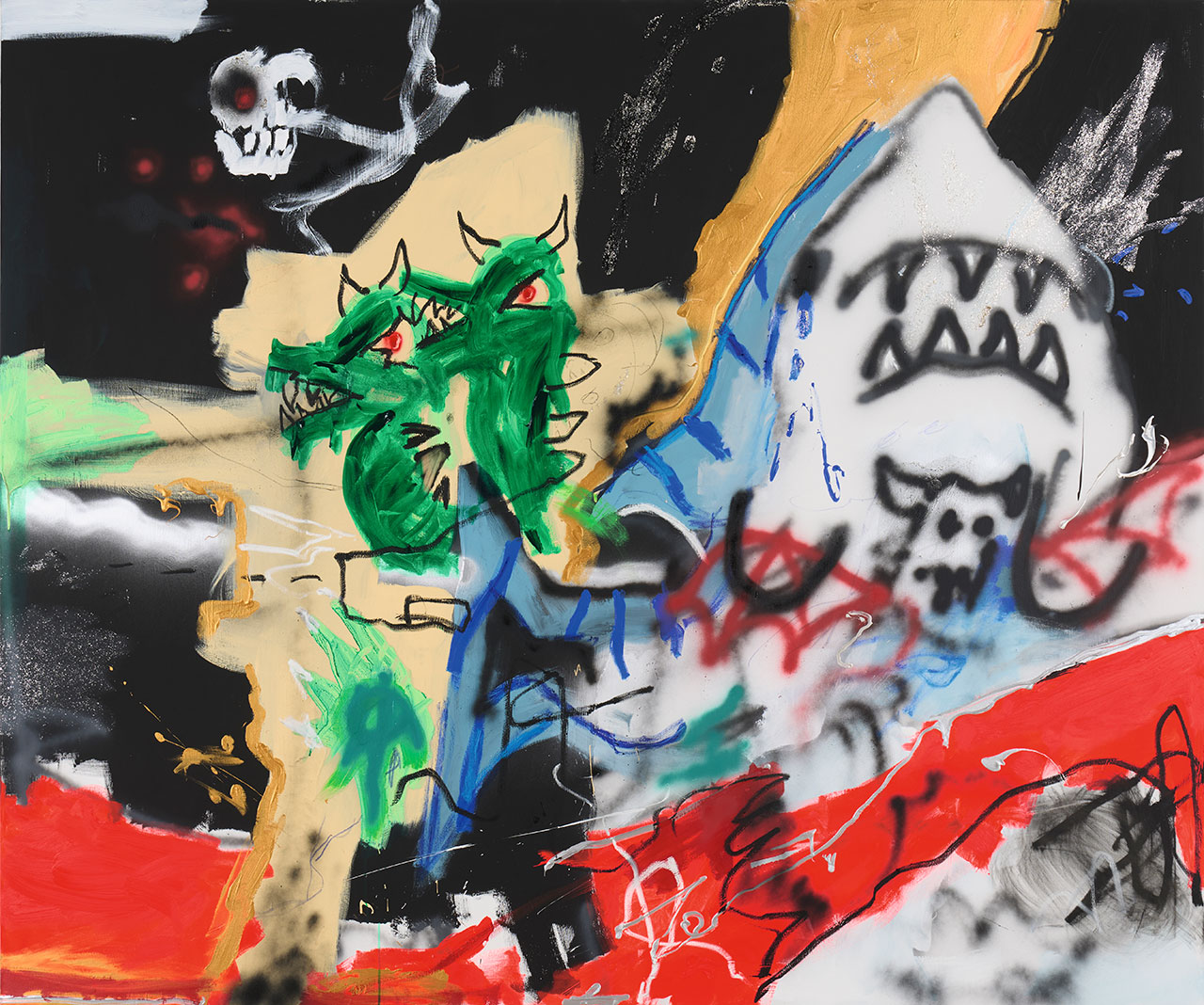 Robert NavaRed River Storm, 2023 Acrylic, grease pencil and oil on canvas. 195,6 x 233,7 cm. Blanca and Borja Thyssen-Bornemisza Collection. © Robert Nava, courtesy Pace Gallery. Foto: Richard Gary, courtesy Pace Gallery