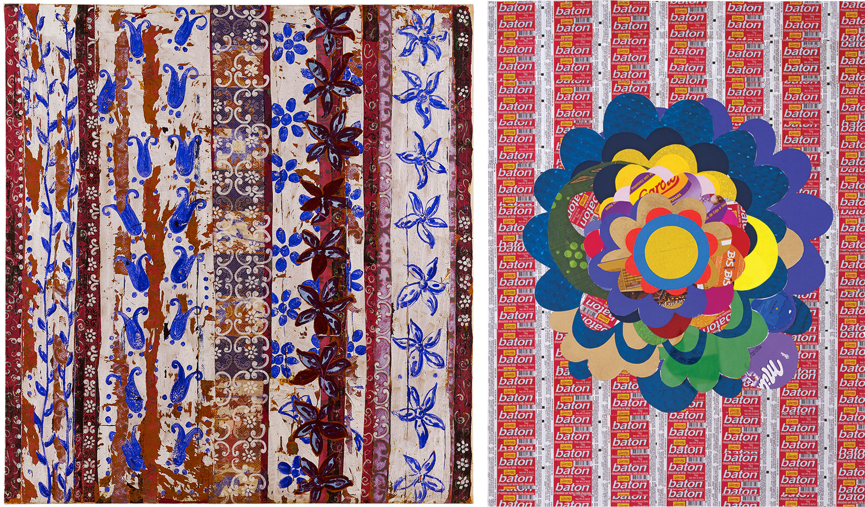 Left: Beatriz Milhazes, Eu s6 queria entender par que ele fez isso, 1989. Ivor Braka Ltd. Photo Phillips de Pury. © Beatriz Milhazes Studio Right: Beatriz Milhazes, Leblon 3, 2004, Thomas Dane, London. Photo Eduardo Ortega. © Beatriz Milhazes Studio