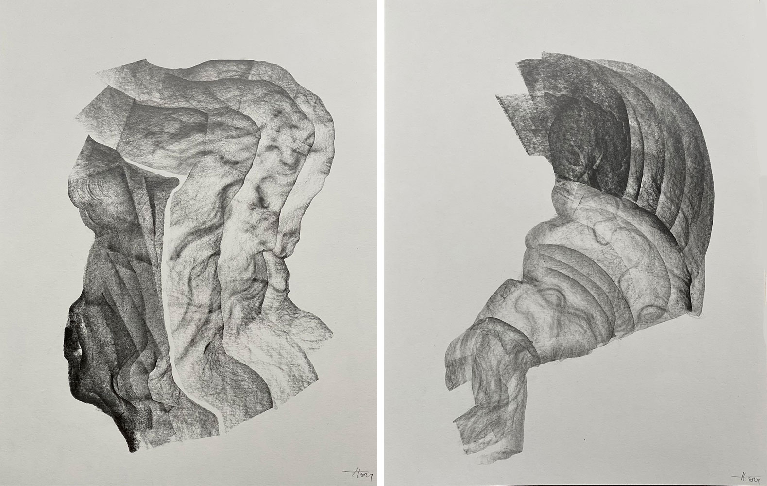 Left: Hera Büyüktaşcıyan, 'The Limbs of an Internal Wind', Frottage and drawings with graphite on paper; wool, silk thread, paper cut out, graphite , 35 x 27 cm, 2024Right: Hera Büyüktaşcıyan, 'The Limbs of an Internal Wind', Frottage and drawings with graphite on paper; wool, silk thread, paper cut out, graphite , 35 x 27 cm, 2024