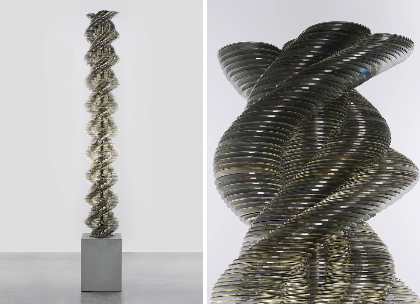 Tara Donovan, Stratagem II, 2024, CDs, 107" × 15-1/2" × 15-1/2" (271.8 cm × 39.4 cm × 39.4 cm), Tara Donovan, Courtesy the artist and Pace Galley