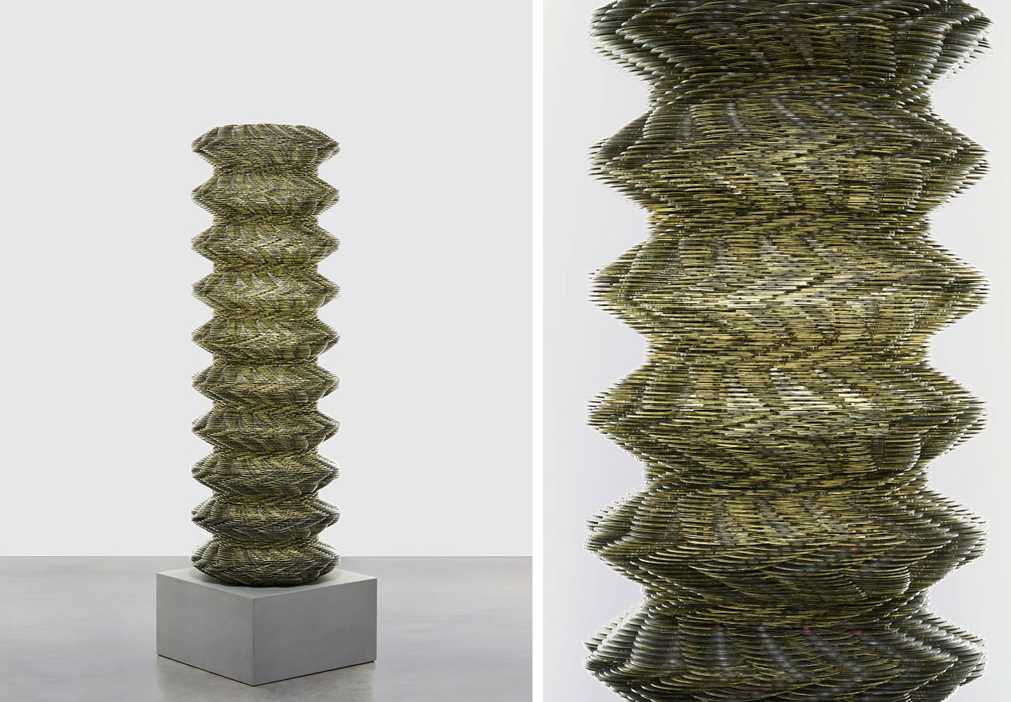 Tara Donovan, Stratagem XV, 2024, CDs, 83-1/4" × 25" × 25" (211.5 cm × 63.5 cm × 63.5 cm), Tara Donovan, Courtesy the artist and Pace Galley