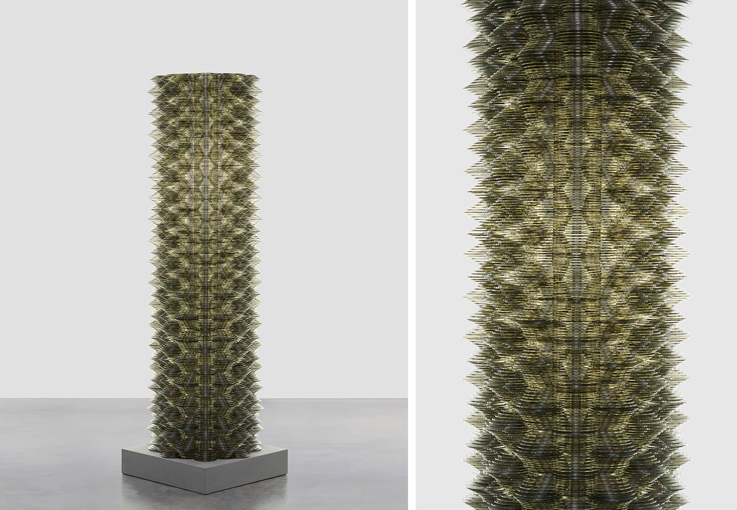 Tara Donovan, Stratagem XII, 2024, CDs, 81" × 24" × 24" (205.7 cm × 61 cm × 61 cm), Tara Donovan, Courtesy the artist and Pace Galley